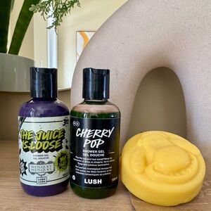 Lush the juice is loose, cherry Pop shower gel and Bitzer body balm